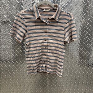 Striped Button-Up Crop Top in Blue and Tan